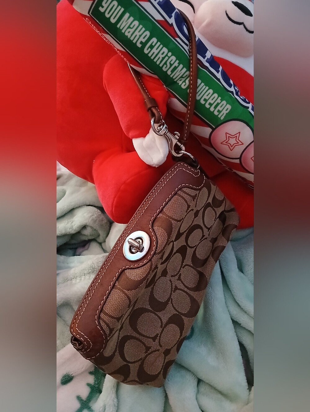 Coach Brown Signature Canvas Wristlet with Leather Trim and Turn-Lock